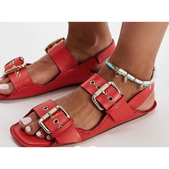 FREE PEOPLE Blossom Buckle Flat SANDALS Size Us 10 EU 41 Salsa Red Leather - Picture 1 of 4